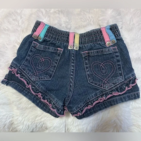 Baby Guess Denim Shorts 6-9M Ruffle Trim Heart Pockets Pink Stitch - Picture 2 of 8